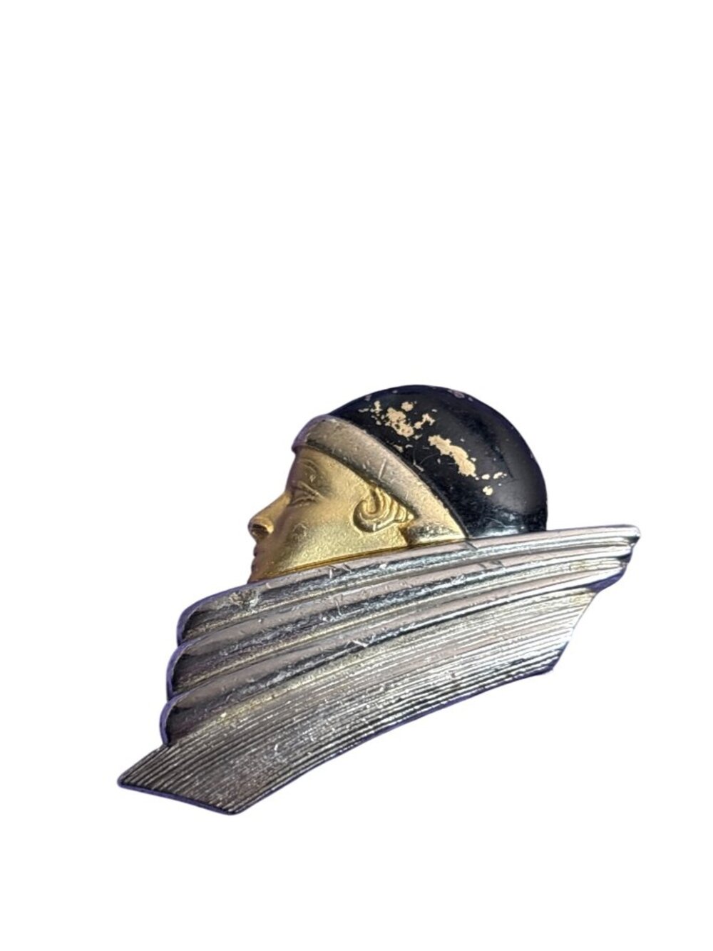 Vintage Lady Face Brooch Pin Silvertone Goldtone Black Enamel Wear 1.5 inches